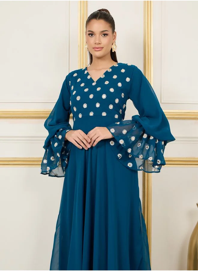 ستايلي Embroidered Flared Sleeves A Line Maxi Dress
