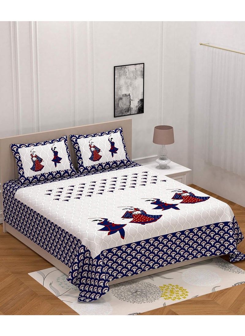 Marusthali - Marusthali Blue Dandiya Cotton Double Bedsheet | Queen Size 90 x 100 inch Pure Cotton | Double Bed Sheet with 2 Large Pillow Covers - Image 1