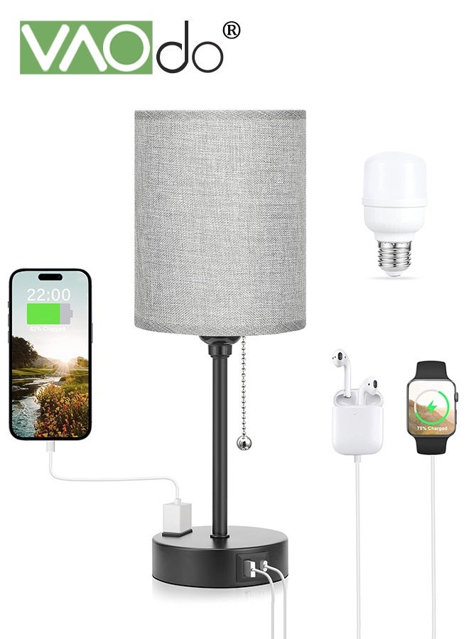 فاو دو مصابيح غرفة النوم 3 درجات حرارة ملونة، مع منافذ USB C و A، مصابيح طاولة تسحب من خلال سلسلة مصابيح، مع منفذ تكييف مصابيح منضدة بيضاء، مع مصباح بقاعدة معدنية سوداء لغرفة المعيشة غرفة نوم مكتب للقراءة - Image 1