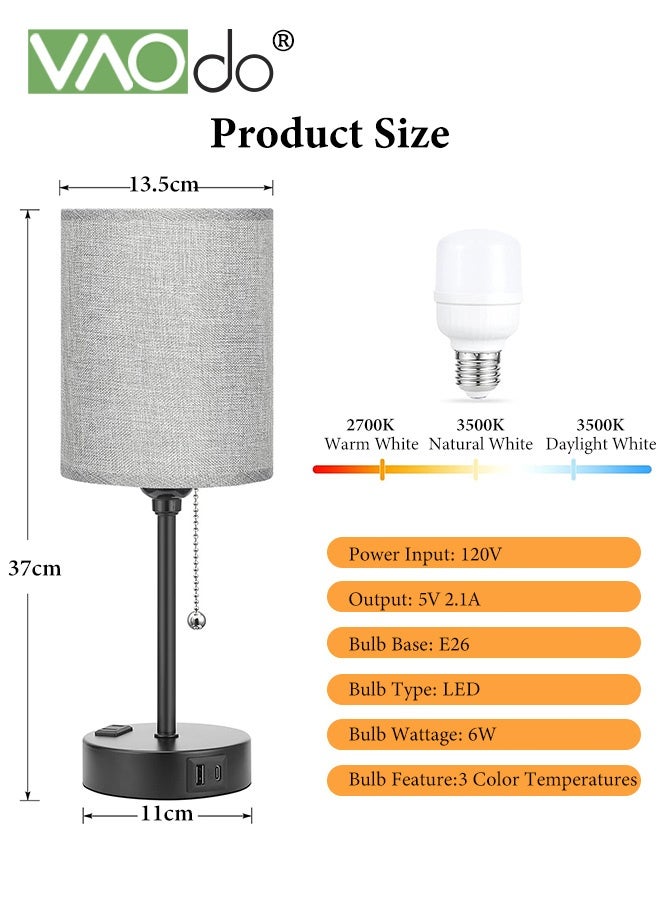 فاو دو مصابيح غرفة النوم 3 درجات حرارة ملونة، مع منافذ USB C و A، مصابيح طاولة تسحب من خلال سلسلة مصابيح، مع منفذ تكييف مصابيح منضدة بيضاء، مع مصباح بقاعدة معدنية سوداء لغرفة المعيشة غرفة نوم مكتب للقراءة - Image 4