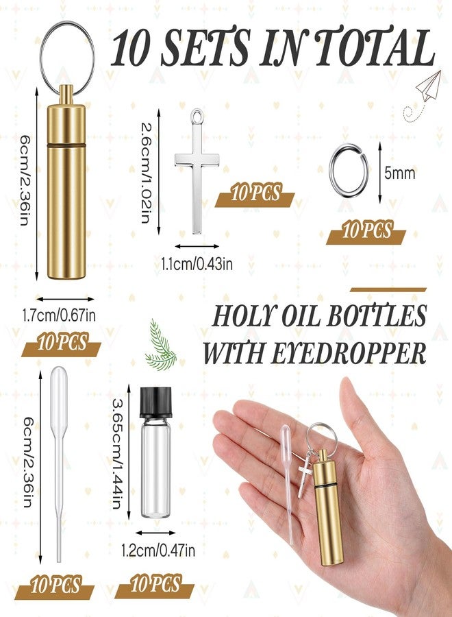 Tandefio 10 Sets Anointing Oil Bottles Keychain Vial Holy Water Container with Dropper Cross Pendant for Travel Baptism Favor (Gold) - Image 2