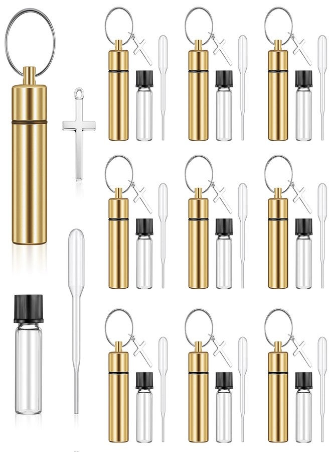 Tandefio 10 Sets Anointing Oil Bottles Keychain Vial Holy Water Container with Dropper Cross Pendant for Travel Baptism Favor (Gold) - Image 1