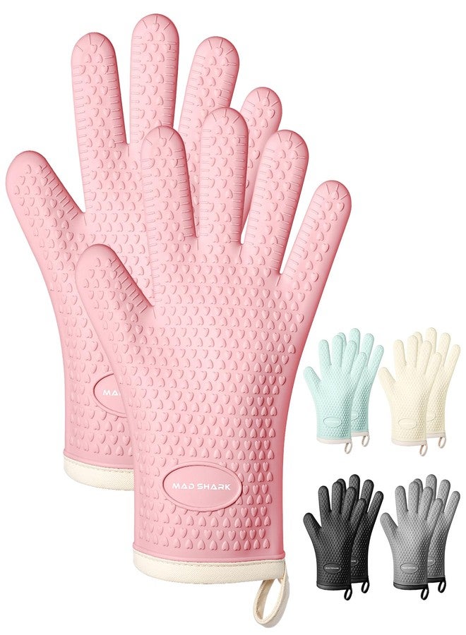 MAD SHARK Silicone Oven Mitts Heat Resistant 450°F,Waterproof & Non-Slip Oven Gloves with Fingers,Cotton Lined Silicone Oven Gloves Kitchen Mitts for Baking Cooking Barbecue,Women (Pink) - Image 1