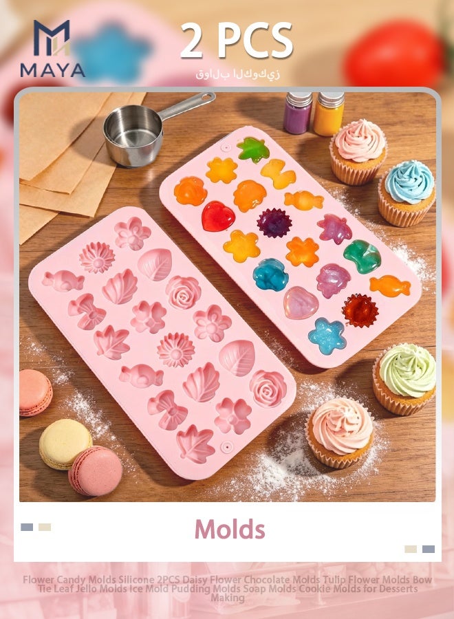 Maya Flower Candy Molds Silicone 2PCS Daisy Flower Chocolate Molds Tulip Flower Molds Bow Tie Leaf Jello Molds Ice Mold Pudding Molds Soap Molds Cookie Molds for Desserts Making - Image 1