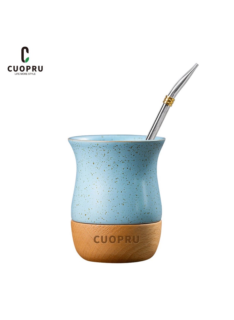 CUOPRU Ceramic cup on wooden base with straw brush, mate tea cup, coffee cup  - Image 1