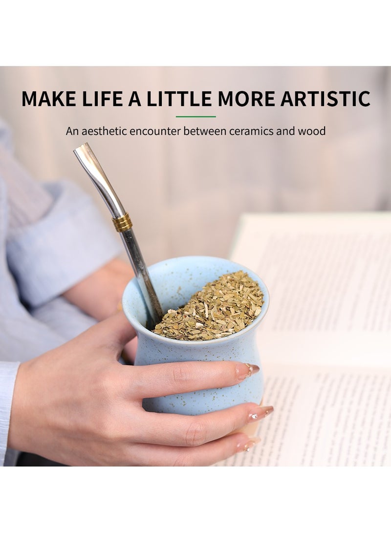 CUOPRU Ceramic cup on wooden base with straw brush, mate tea cup, coffee cup  - Image 2