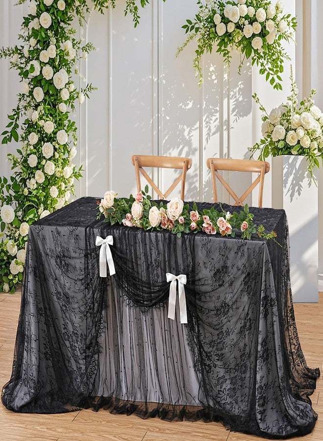 LuoluoHouse Black Lace Tablecloth Farmhouse Table Fabric 60x120 Inch for Halloween Scary Movies Rustic Wedding Bridal Shower Party Decoration Rectangle Overlay Long Vintage Embroidered Reception Table Cloth Decor - Image 2
