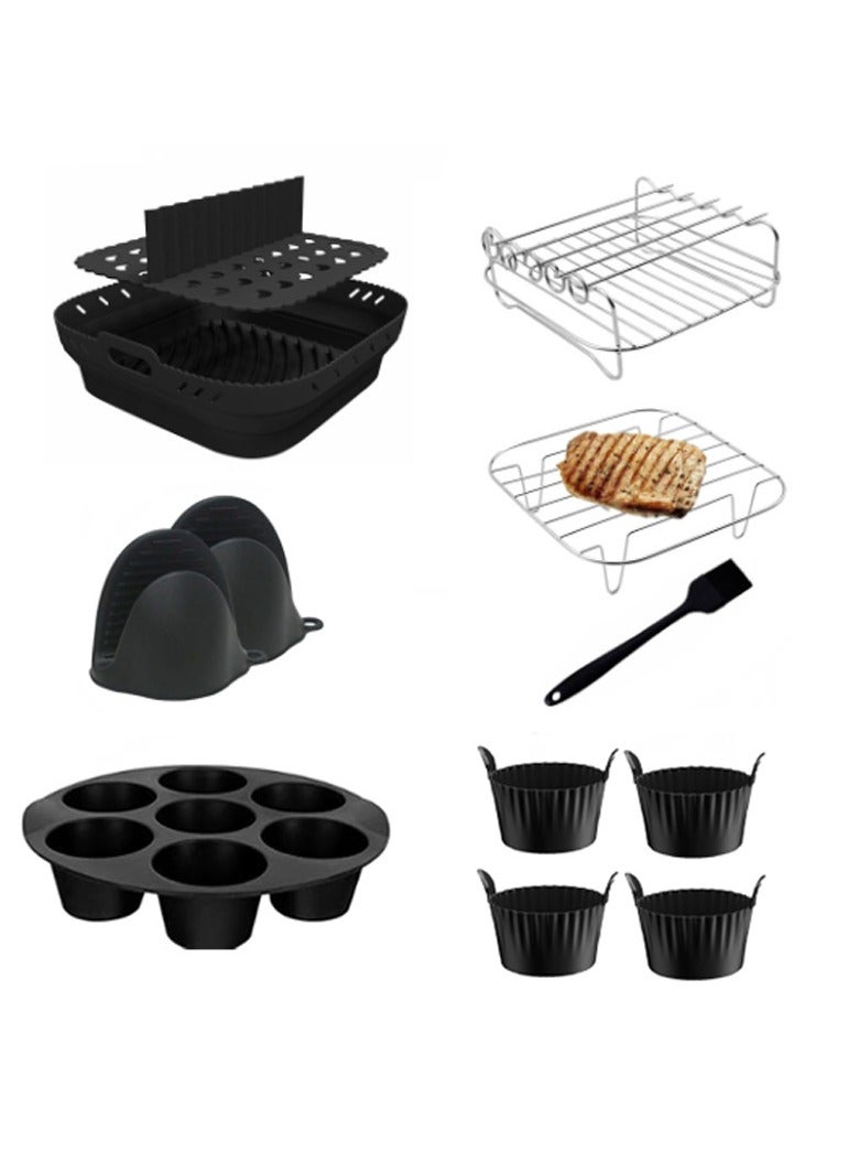8-Inch Foldable Silicone Air Fryer Accessory Set - Square Baking Pan + Stainless Steel Rack + Cake Mold A versatile kitchen tool for air fryers, this space-saving 8-piece set includes: - Square baking pan - Stainless steel rack - Cake mold - Image 1