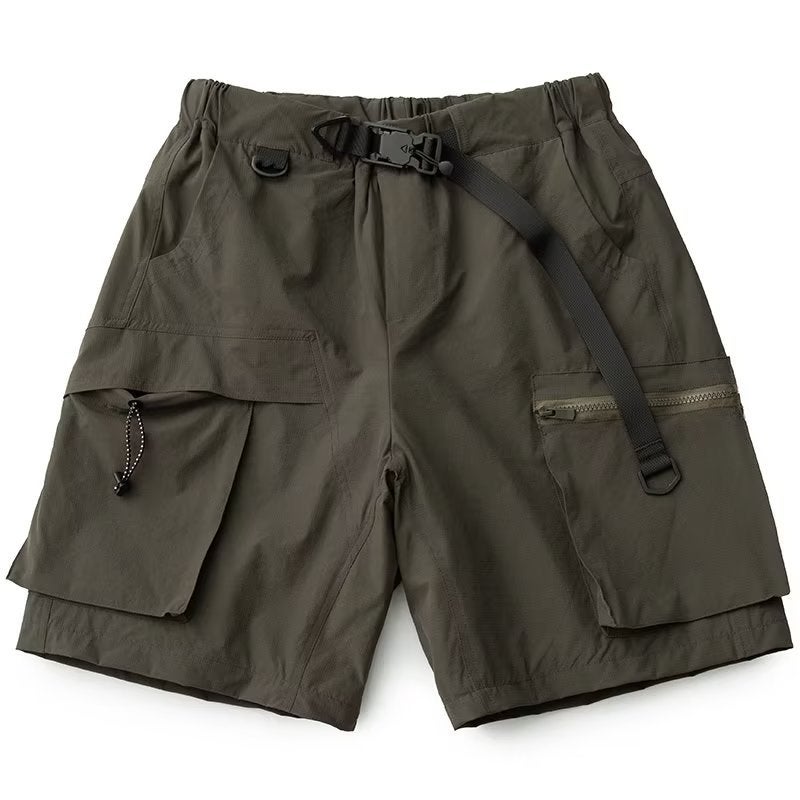 Summer Vintage Belted Ice Silk Multi-Pocket Cargo Shorts for Men Army Green - Image 1