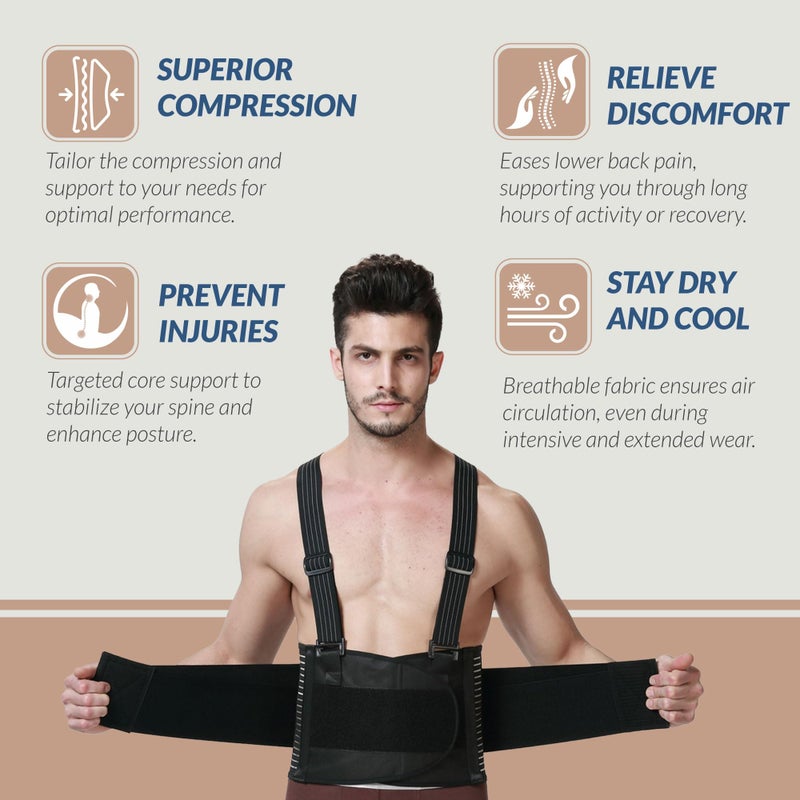 NeoTech Care Back Brace with Suspenders for Work - Industrial Lifting Safety, Elastic Compression, Hook & Loop Closure (Black, Size M) - Image 4