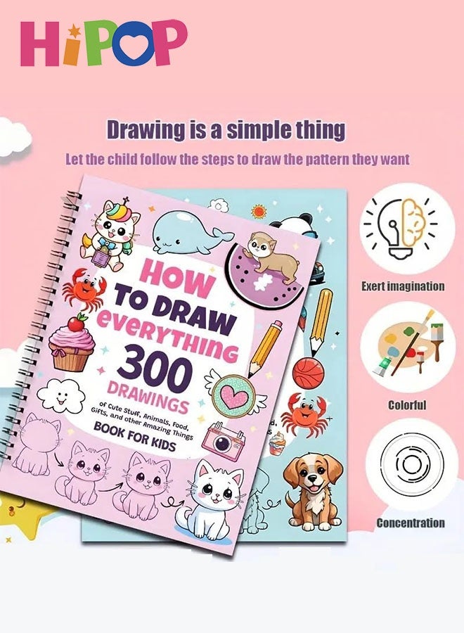 هيبوب كتاب ""كيفية رسم كل شيء"": مجموعة من كتابين للرسم، تتضمن 300 رسمة لطيفة وسهلة خطوة بخطوة، لتعلّم رسم الحيوانات والمركبات والنباتات والمزيد، كتاب تلوين للأطفال والكبار، هدية مثالية لأعياد الميلاد والهالوين ورأس السنة - Image 2