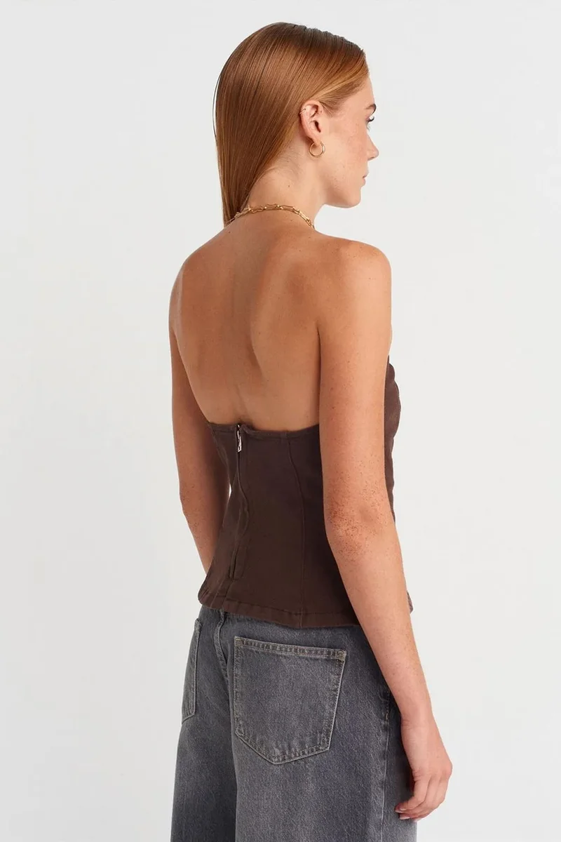 Dilvin Coffee Brown DILVIN Strapless Fitted Peplum Blouse for Women | Best Price UAE