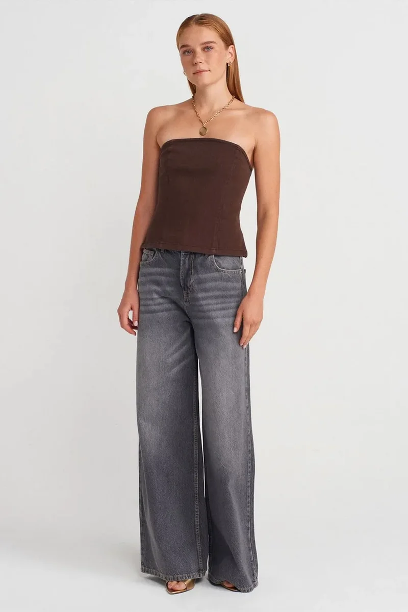 Dilvin Coffee Brown DILVIN Strapless Fitted Peplum Blouse for Women | Best Price UAE