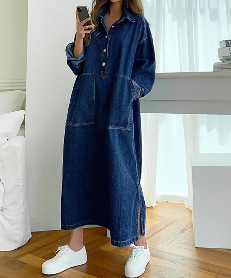 Jofemuho Womens Spring Fall Long Sleeve Denim Maxi Shirt Dress with Split - Image 3