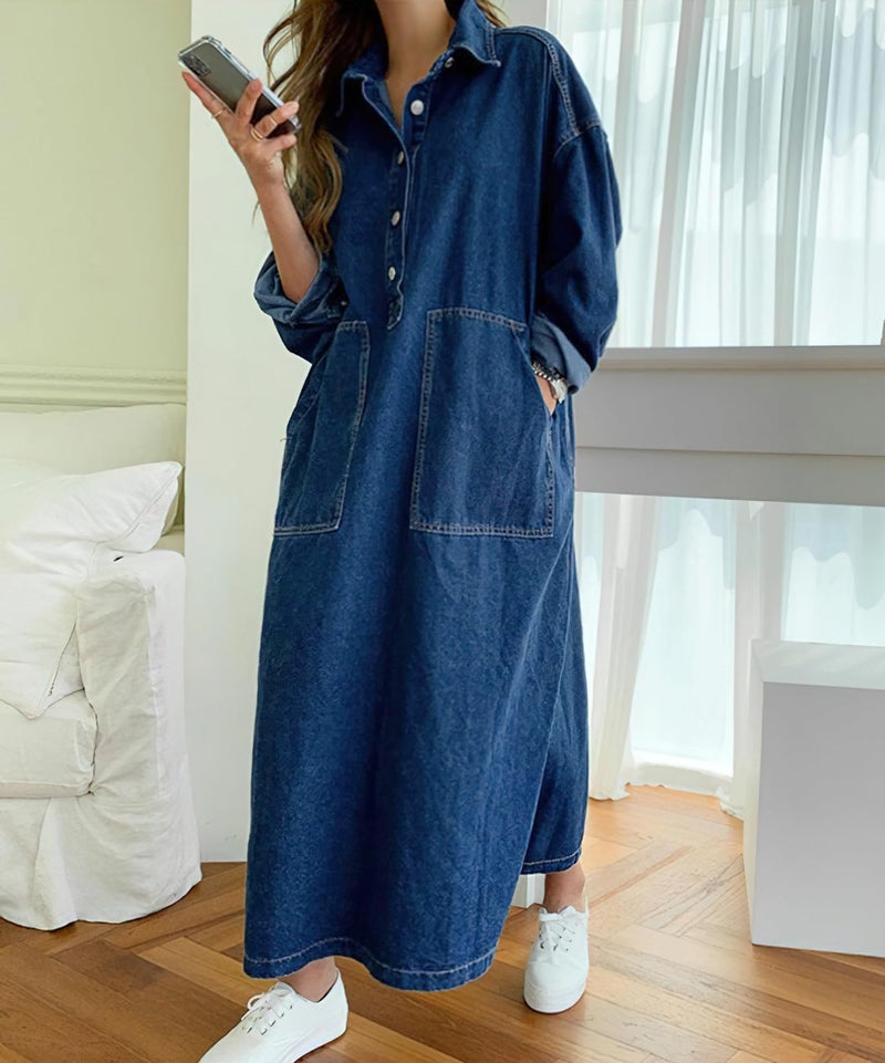 Jofemuho Womens Spring Fall Long Sleeve Denim Maxi Shirt Dress with Split - Image 2