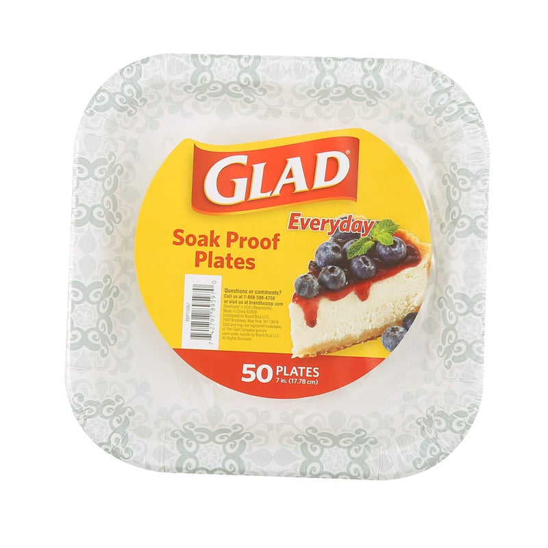 Glad Square Disposable Paper Plates with Gray Victorian Print|Soak /Cut-Proof  Microwaveable Heavy Duty  Disposable   7 Inches  50 Count|Square Party plates Bulk - Image 1