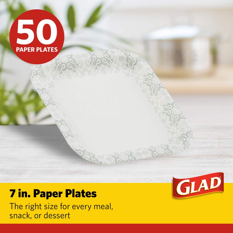 Glad Square Disposable Paper Plates with Gray Victorian Print|Soak /Cut-Proof  Microwaveable Heavy Duty  Disposable   7 Inches  50 Count|Square Party plates Bulk - Image 2