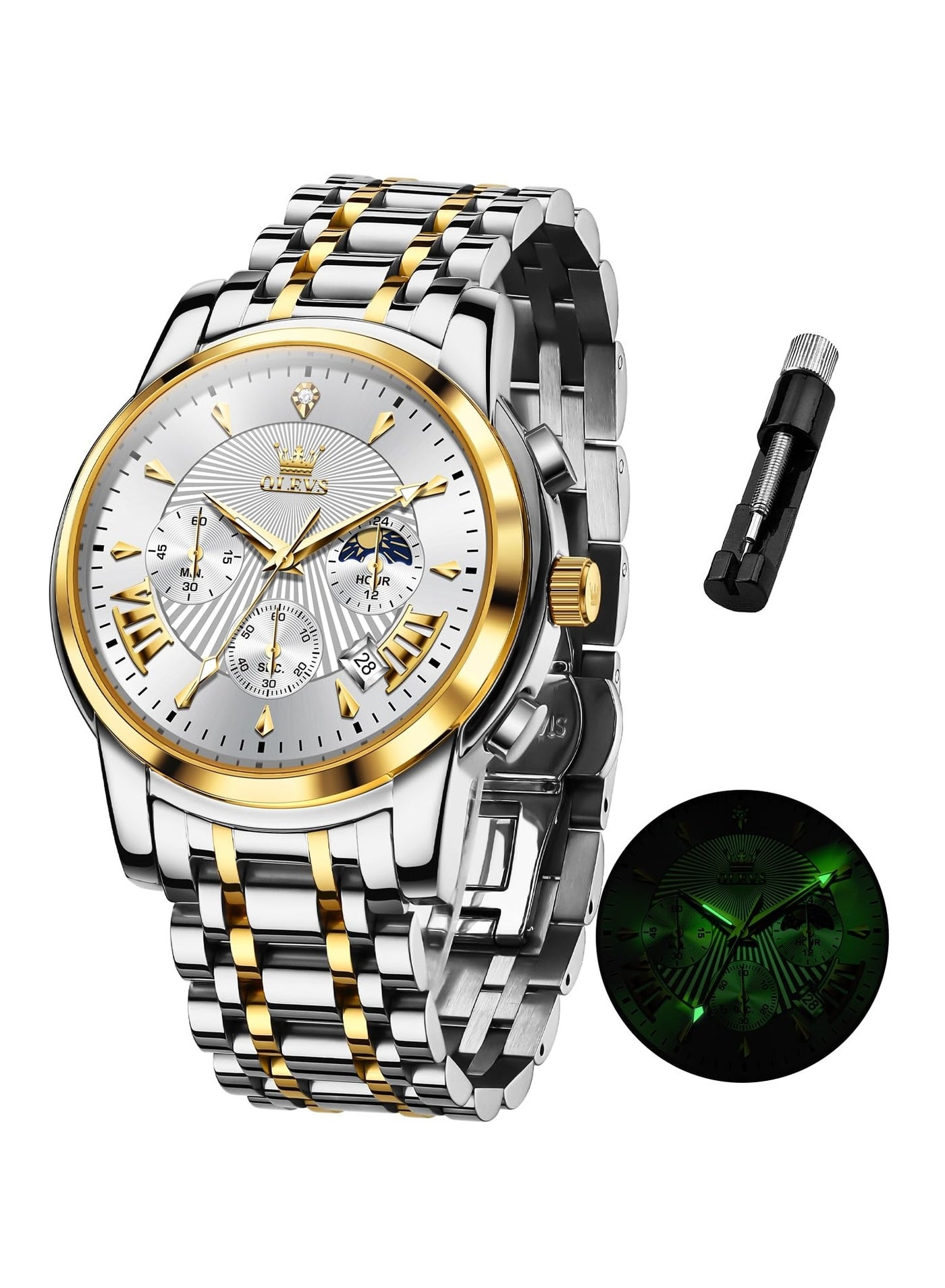 OLEVS Watches for Mens Stainless Steel Analog Quartz Wrist Watches Date Waterproof Luminous Business Casual Male Watches
