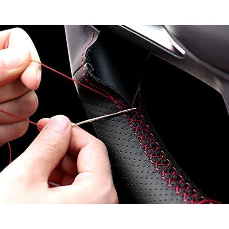 Ford F-150 interior steering wheel cover, microfiber leather, black with red and blue thread stitching, DIY custom fit for 2010-2014 SVT Raptor - Image 4