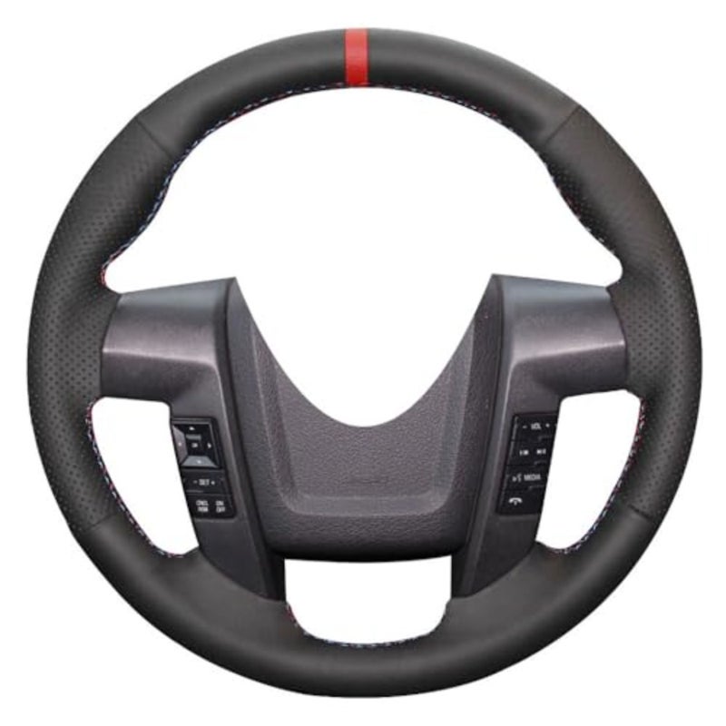 Ford F-150 interior steering wheel cover, microfiber leather, black with red and blue thread stitching, DIY custom fit for 2010-2014 SVT Raptor - Image 1