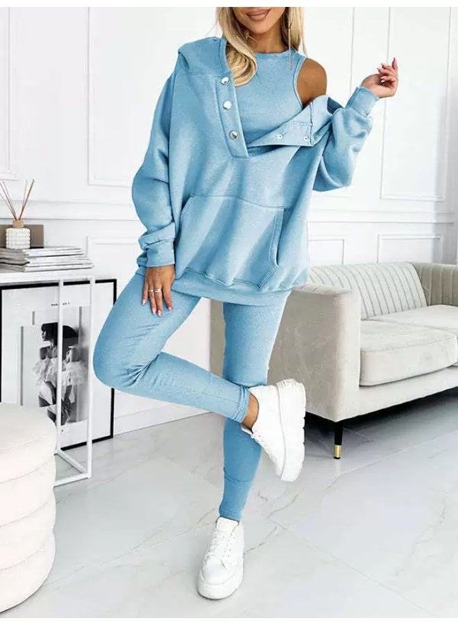 general Women's solid-color loose-fitting hooded sports casual pullover hoodie with strap and fitted pants three-piece set - Image 1