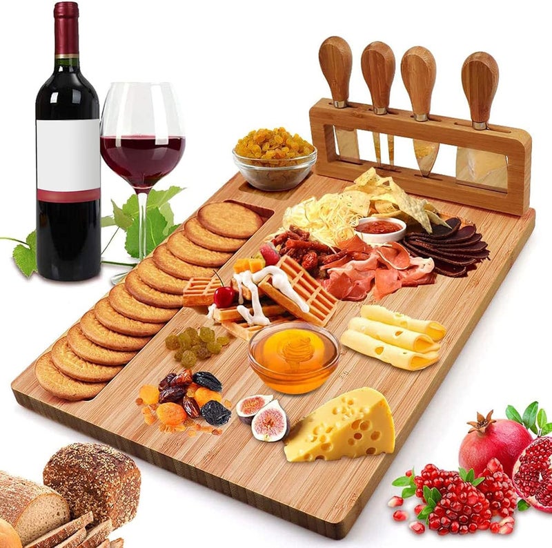 Widousy Bamboo Cheese Board Set Cheese Tray Charcuterie Board and Serving Meat Platter with 4 Stainless Steel Cheese Knives Ideal for Wedding Gifts Christmas Birthday Party 14x11  - Image 1