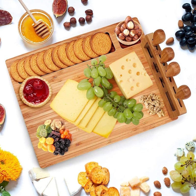 Widousy Bamboo Cheese Board Set Cheese Tray Charcuterie Board and Serving Meat Platter with 4 Stainless Steel Cheese Knives Ideal for Wedding Gifts Christmas Birthday Party 14x11  - Image 2