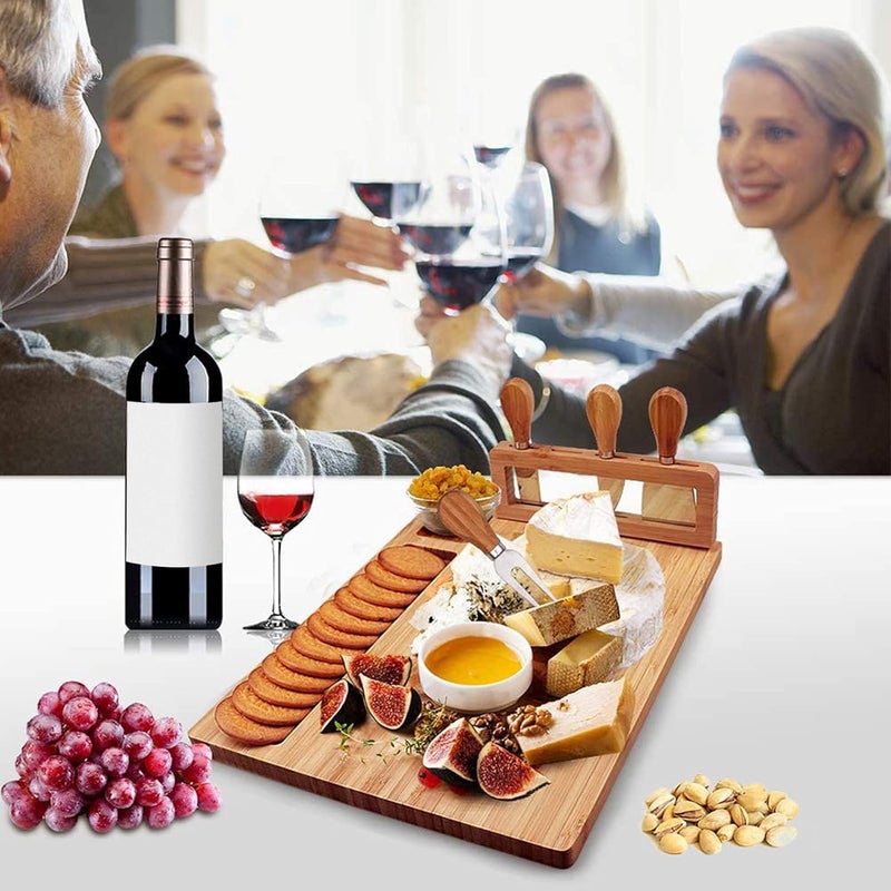 Widousy Bamboo Cheese Board Set Cheese Tray Charcuterie Board and Serving Meat Platter with 4 Stainless Steel Cheese Knives Ideal for Wedding Gifts Christmas Birthday Party 14x11  - Image 5