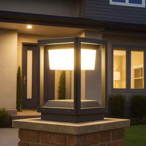 GIGAWATTS 0002 Outdoor Gate Light – 12W Integrated Light 101% Rust & Waterproof Die-Casting Aluminum, Polycarbonate Piller Lamp Base Mount Grey Exterior Fixture for Garden, Boundary & Home Entrance - Image 1