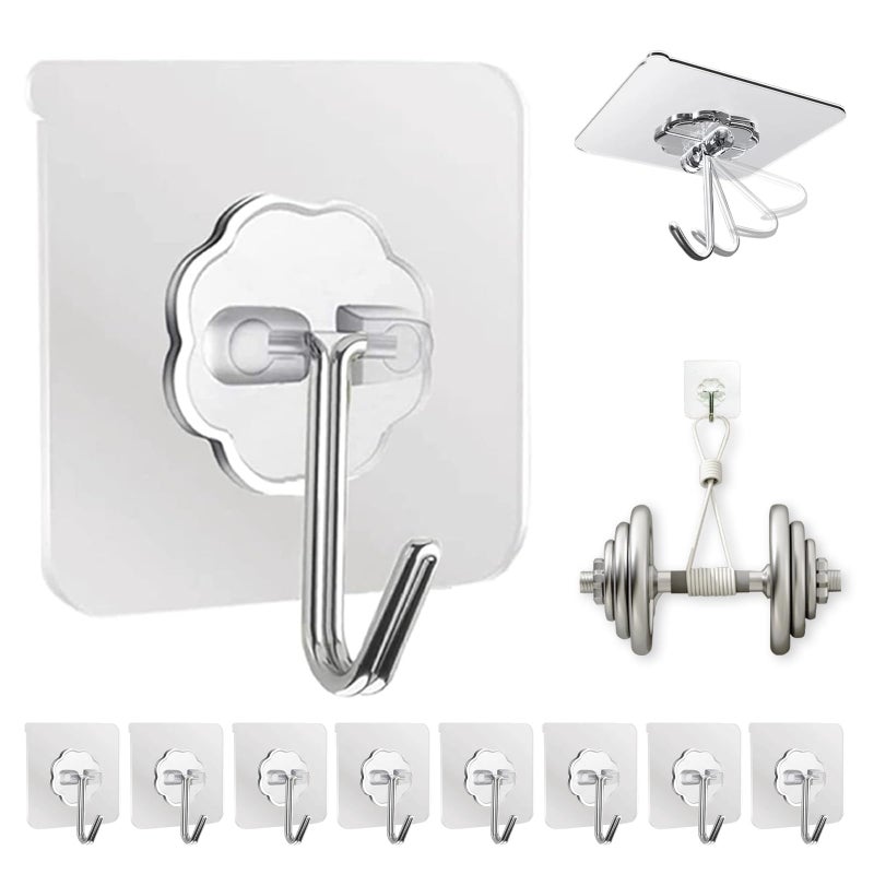 Adhesive Wall Hooks for Hanging Heavy Duty 50 lbs Large Hooks for Walls No Damage Towel Sticky Clear Hook Waterproof Home Bathroom Kitchen Office and Outdoor 10 Pack