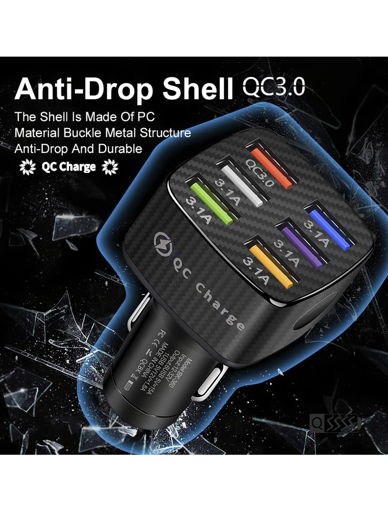 محول شاحن السيارة، شاحن سريع متعدد المنافذ مع QC 3.0 و 5 منافذ 3.1A ملحقات داخلية للسيارة للشحن السريع لجهاز iPhone 13/12/11/pro لجهاز Samsung Galaxy/Note S10/S9/S8، أندرويد، جهاز USB - Image 2