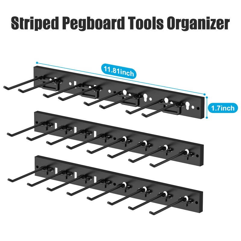 CCCEI 3 Modular Pegboard Strip Storage, Metal Peg Slat Wall Mount for Garage, Basement, Garden, Laundry Room Organization. Flexible Tool Organizer for Rake, Shovels, Crafting. Gifts for Men, Black. - Image 4