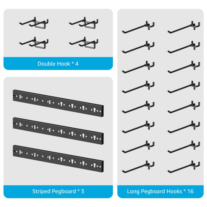 CCCEI 3 Modular Pegboard Strip Storage, Metal Peg Slat Wall Mount for Garage, Basement, Garden, Laundry Room Organization. Flexible Tool Organizer for Rake, Shovels, Crafting. Gifts for Men, Black. - Image 3