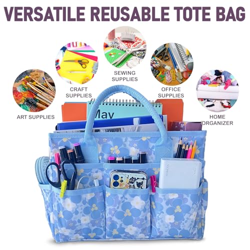 Cupohus Craft Organizer Tote Bag Art Organizer Craft Caddy with Multiple Pockets Large Capacity Supply Storage Bag for Sewing Knitting Painting and TravelBlue Print - Image 3