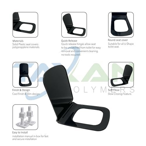 TAXAN POLYMERS TAXAN Plastic Toilet Seat Cover with Soft Close Mechanism - U-Shape Commode Seat Cover – with Sleek Design & Easy Installation with Installation Kit (45cm x 34cm, Black) - Image 2