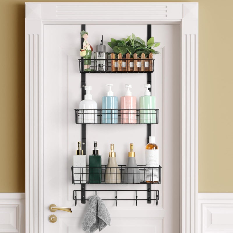 Over the Door Pantry Organizer 3 Tier Hanging Basket Back Door Storage Rack Shelf Metal Over the Door Shelves with 3 Baskets and 5 Hooks for Bathroom Kitchen Pantry Bedroom Black