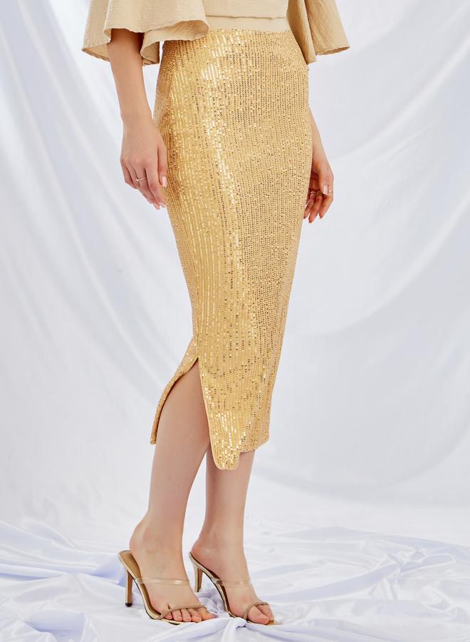 Styli Styli Solid High Neck Top and Sequin Embellished Skirt Co-Ords  - Image 4