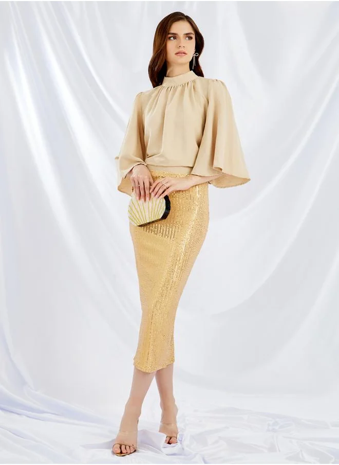 ستايلي Styli Solid High Neck Top and Sequin Embellished Skirt Co-Ords