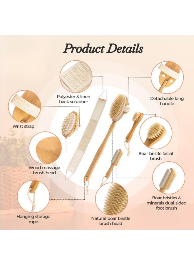 GlamKit 5 Packs Dry Brushing Body Brush Set for Lymphatic Drainage and Cellulite Massager, Long Handle Dry Brush for Body, Natural Boar Bristle Dry Body Brush Exfoliator - Image 3