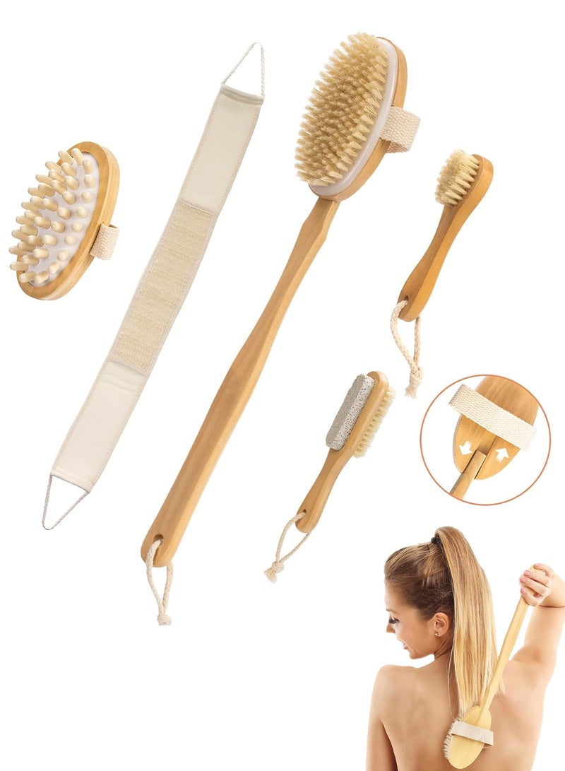GlamKit 5 Packs Dry Brushing Body Brush Set for Lymphatic Drainage and Cellulite Massager, Long Handle Dry Brush for Body, Natural Boar Bristle Dry Body Brush Exfoliator - Image 1