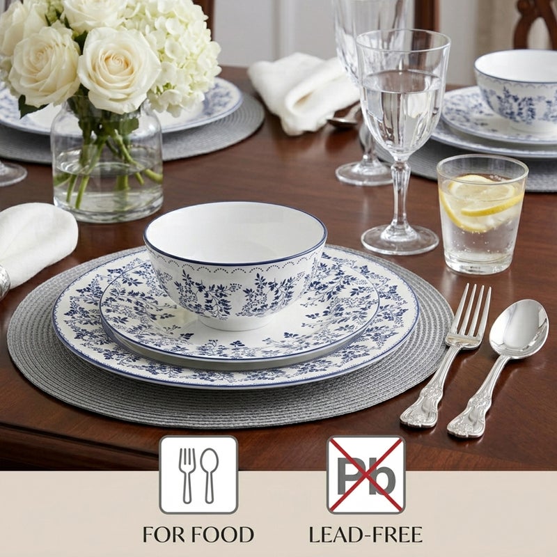 Shallow ROSA Porcelain 12 Pc Dinner Set White |Blue Floral Pattern Dinnerware Set| Plates, Side Plates & Bowls Microwave & Dishwasher Safe|Tableware for Ramadan Iftar Family Dining - Image 5