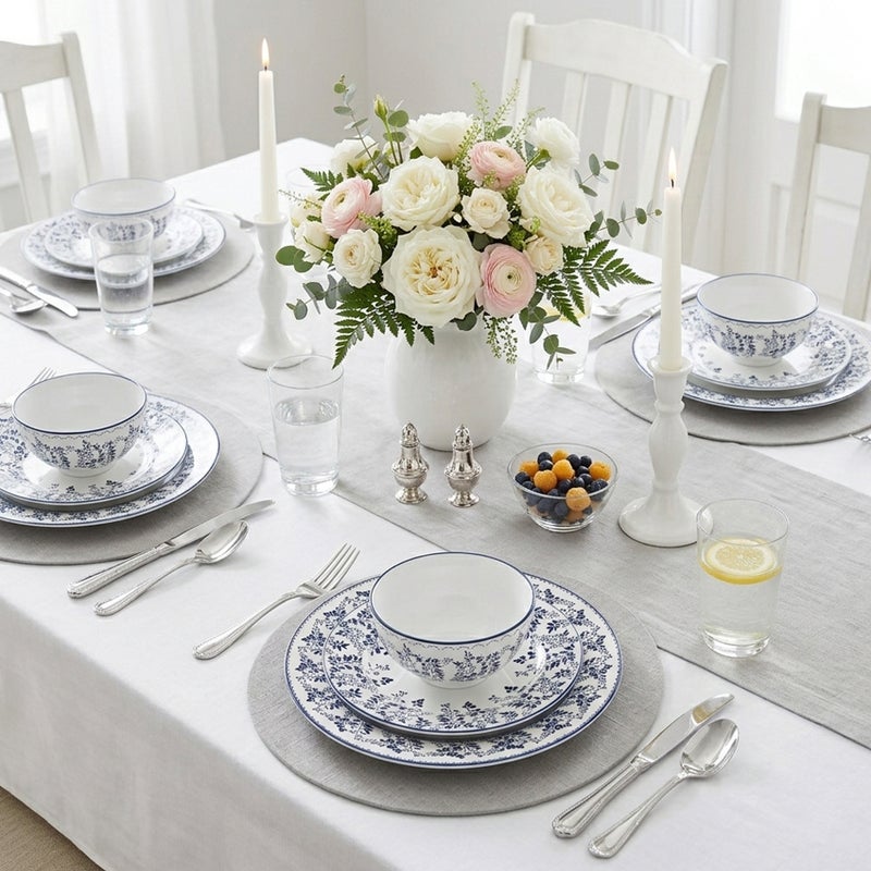 Shallow ROSA Porcelain 12 Pc Dinner Set White |Blue Floral Pattern Dinnerware Set| Plates, Side Plates & Bowls Microwave & Dishwasher Safe|Tableware for Ramadan Iftar Family Dining - Image 4