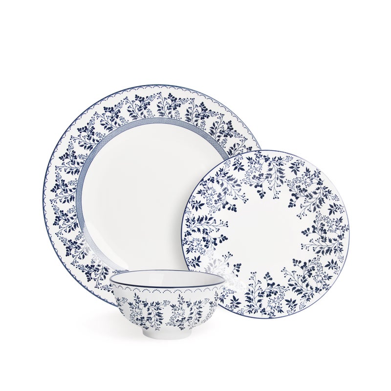 Shallow ROSA Porcelain 12 Pc Dinner Set White |Blue Floral Pattern Dinnerware Set| Plates, Side Plates & Bowls Microwave & Dishwasher Safe|Tableware for Ramadan Iftar Family Dining - Image 1