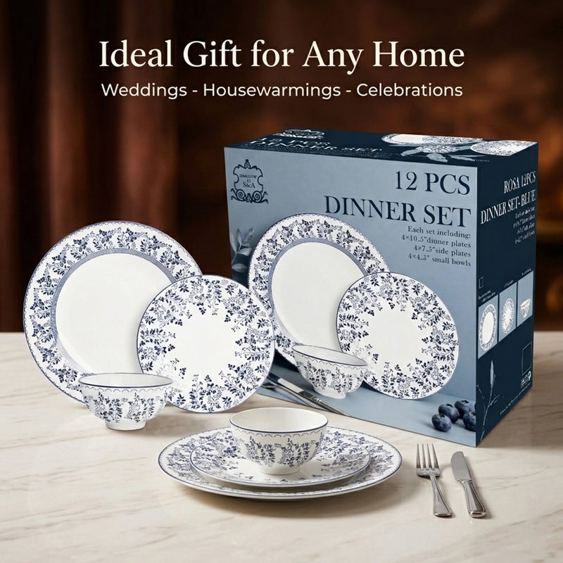 Shallow ROSA Porcelain 12 Pc Dinner Set White |Blue Floral Pattern Dinnerware Set| Plates, Side Plates & Bowls Microwave & Dishwasher Safe|Tableware for Ramadan Iftar Family Dining - Image 3