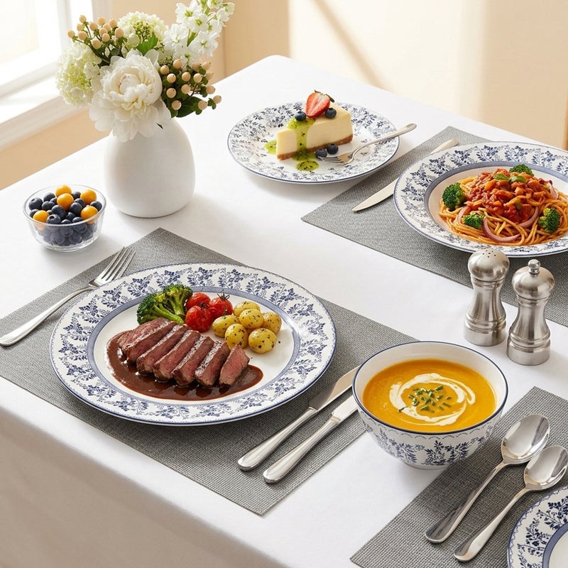 Shallow ROSA Porcelain 12 Pc Dinner Set White |Blue Floral Pattern Dinnerware Set| Plates, Side Plates & Bowls Microwave & Dishwasher Safe|Tableware for Ramadan Iftar Family Dining - Image 2