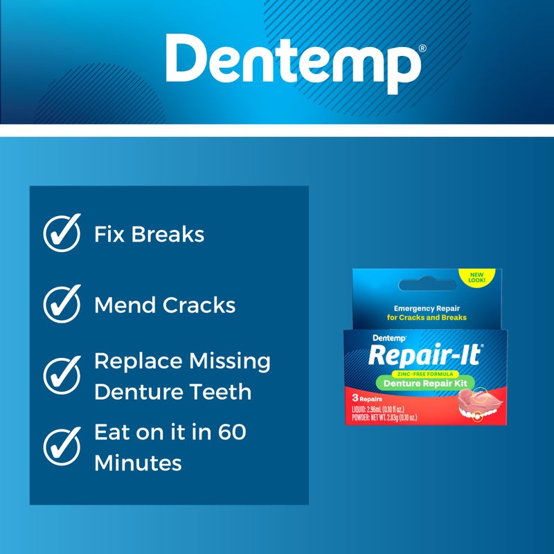Dentemp مجموعة إصلاح أطقم الأسنان Dentemp Repair-it وإعادة تشكيلها Reline-it - مجموعة أطقم الأسنان (عبوة متعددة) - إعادة تشكيل وتثبيت أطقم الأسنان لكل من الأطقم العلوية والسفلية - إصلاح الأطقم المكسورة والأسنان المتساقطة - Image 3