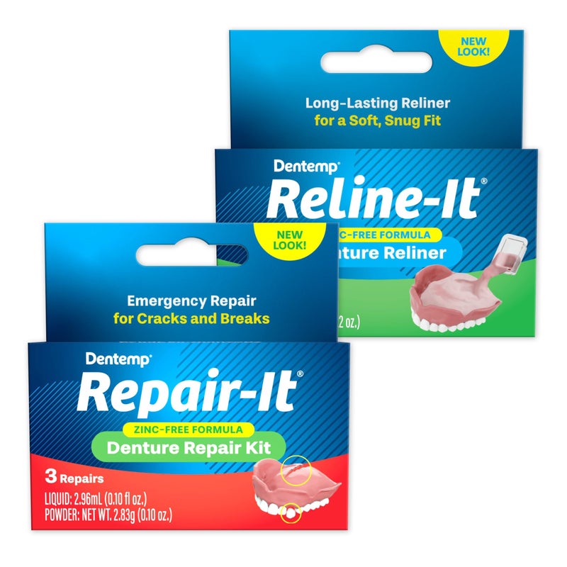 Dentemp مجموعة إصلاح أطقم الأسنان Dentemp Repair-it وإعادة تشكيلها Reline-it - مجموعة أطقم الأسنان (عبوة متعددة) - إعادة تشكيل وتثبيت أطقم الأسنان لكل من الأطقم العلوية والسفلية - إصلاح الأطقم المكسورة والأسنان المتساقطة - Image 1
