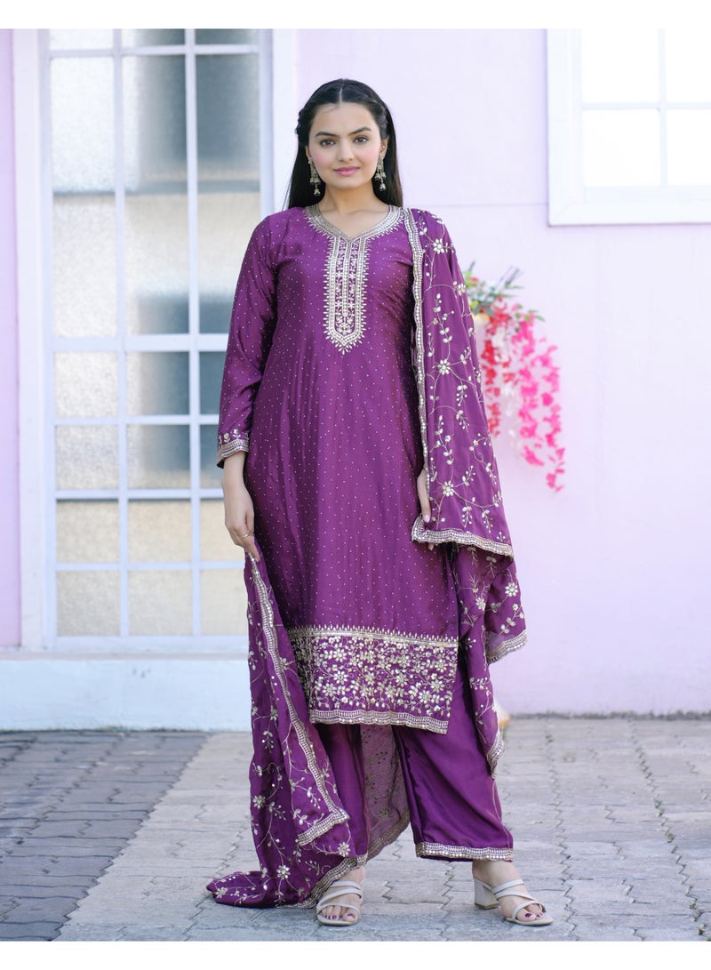 Super Asian Designer Chinnon Embroidered Pant Set with Dupatta – Sequin & Stone Work | Fully Stitched - Image 2