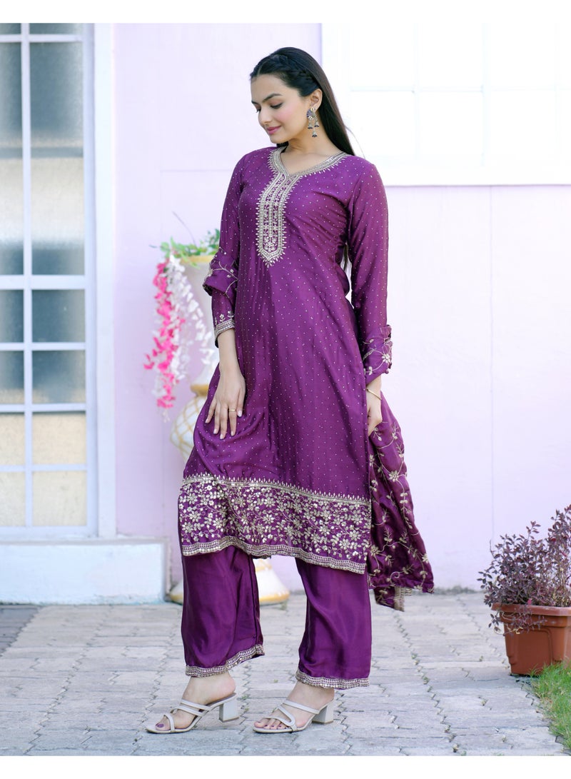 Super Asian Designer Chinnon Embroidered Pant Set with Dupatta – Sequin & Stone Work | Fully Stitched - Image 1