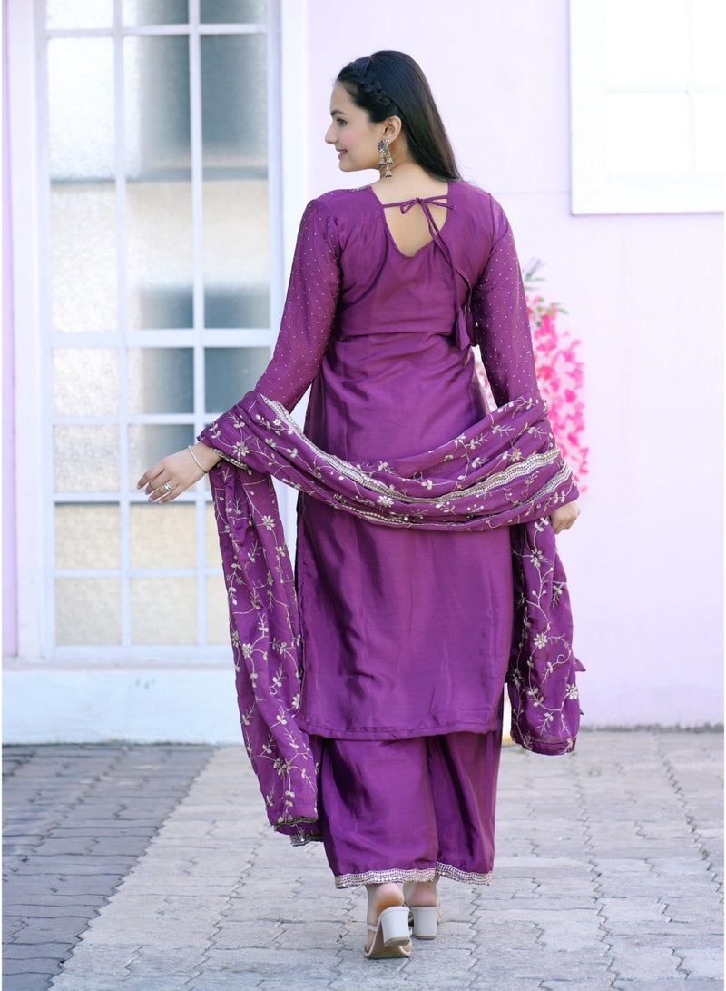 Super Asian Designer Chinnon Embroidered Pant Set with Dupatta – Sequin & Stone Work | Fully Stitched - Image 5